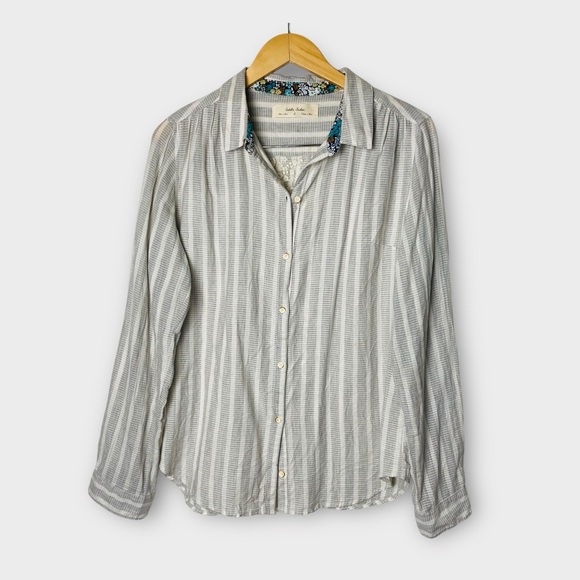 🔥🔥🔥Anthropologie Isabella Sinclair Button Down Lace Inset Split Back Top L - Picture 3 of 10